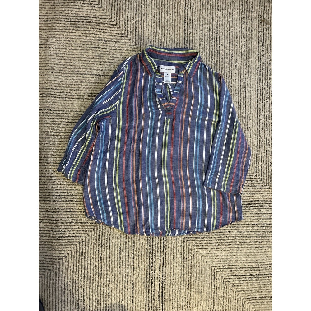 Linen Striped Popover Alfred Dunner Size Medium Boho Artsy Coastal Rayon